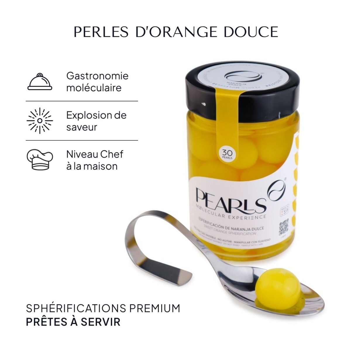 Pearls Orange douce : sphérifications premium prêtes à servir, pot de 30 avec la cuillère de service