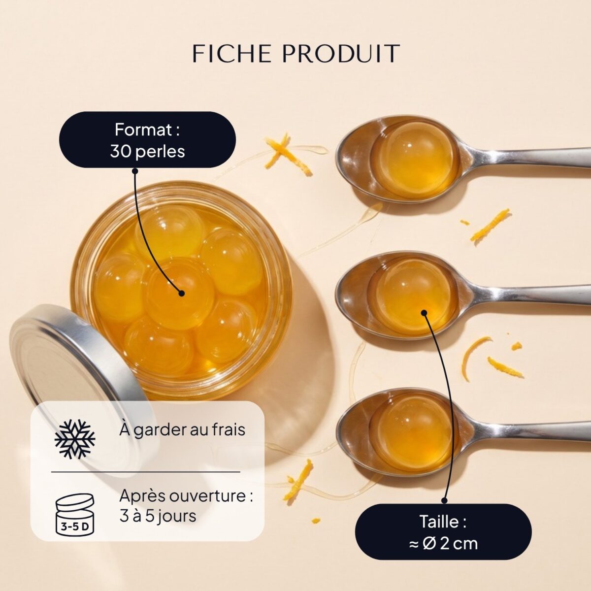 Pot de Pearls Orange douce ouvert vu du dessus, avec trois cuillères de service portant chacune une Pearl