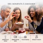 Quatre amis autour d'une table partageant des Pearls framboise avec des coupes de champagne