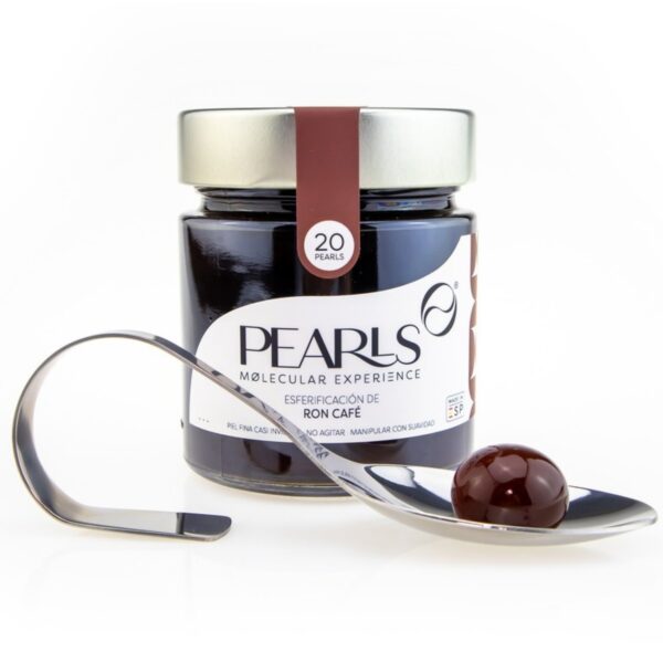 Pot de sphérifications Rhum Café Pearls avec sa cuillère de service et une Pearl, sur fond blanc
