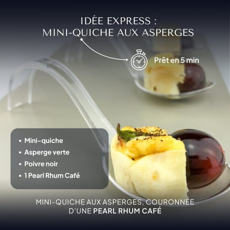 Mini-quiche aux asperges vertes et poivre noir, couronnée d’une Pearl Rhum Café