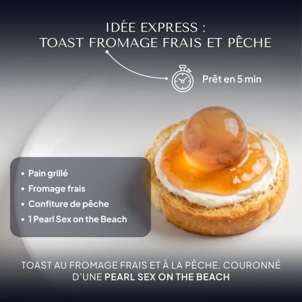 Toast au fromage frais et confiture de pêche, couronné d’une Pearl Sex on the Beach