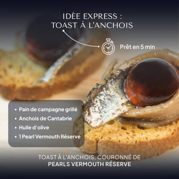 Toasts à l'anchois de Cantabrie couronnés de Pearls Vermouth Réserve