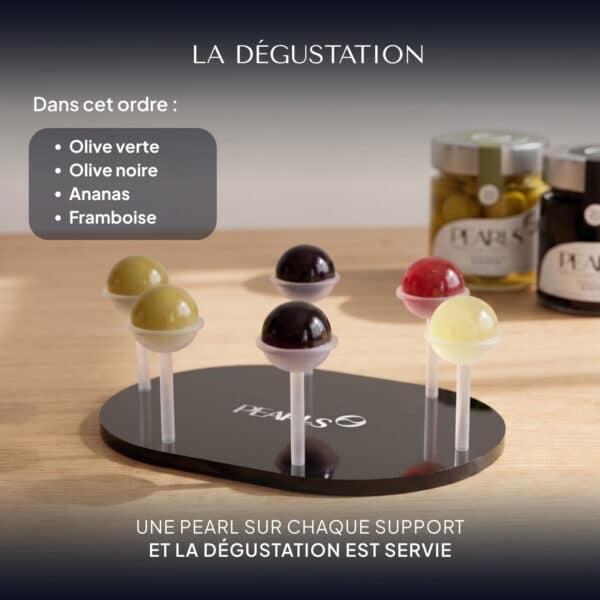 Plateau du Tasting Pack Gourmet dressé avec des Pearls Olive verte, Olive noire, Ananas et Framboise, prêt pour la dégustation