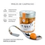 Pearls gazpacho : sphérifications premium prêtes à servir, pot de 20 avec la cuillère de service