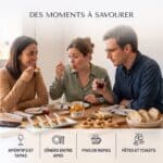 Trois amis autour d'une table en bois avec des Pearls gazpacho sur des cuillères de concombre et jambon et des tartelettes à l'anchois