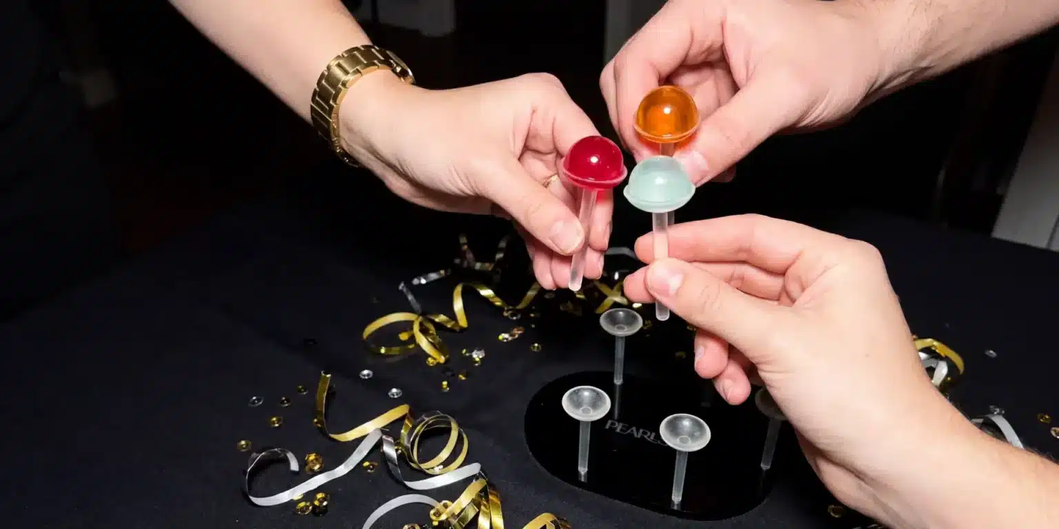 Mains tenant des supports avec des Pearls de couleur pour une fête