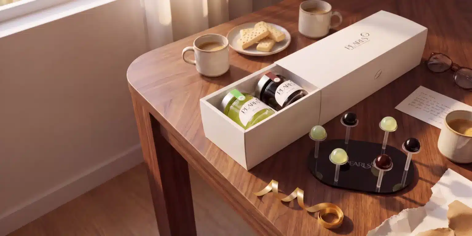 Coffret cadeau Pearls ouvert avec deux pots et le plateau à supports