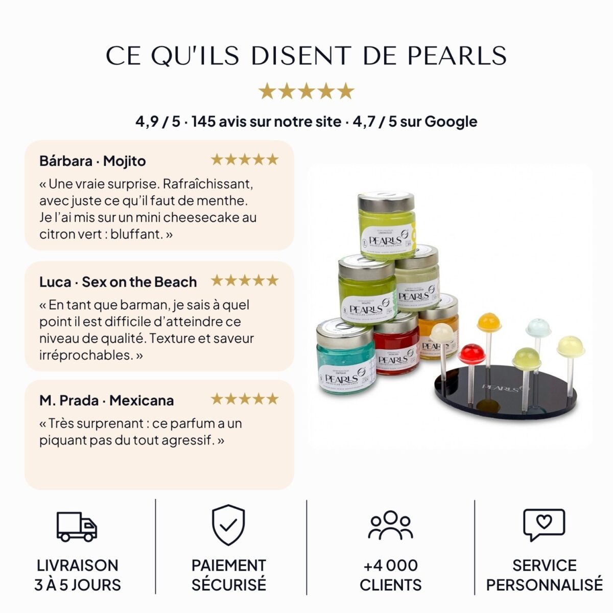 Avis clients sur la gamme cocktail Pearls : 4,9 sur 5 sur 145 avis et 4,7 sur Google, avec des avis sur Mojito, Sex on the Beach et Mexicana