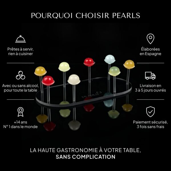 Pourquoi choisir Pearls : prêtes à servir, avec ou sans alcool, +14 ans N° 1 dans le monde, élaborées en Espagne, livraison en 3 à 5 jours ouvrés et paiement sécurisé, autour d’un plateau de huit Pearls
