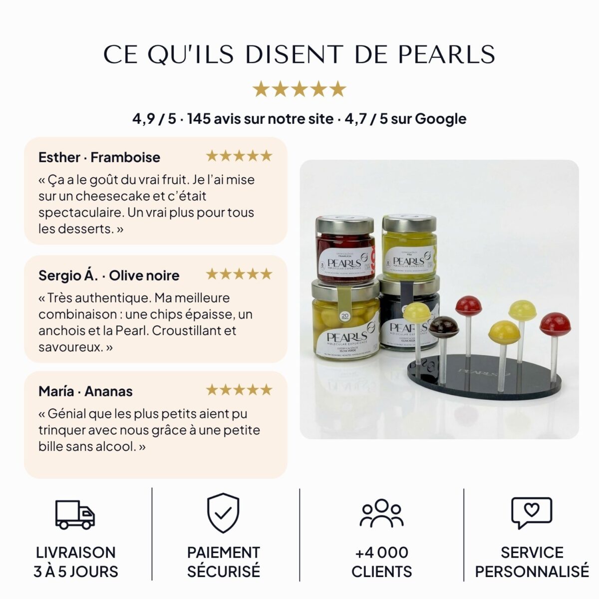 Avis clients sur les Pearls sans alcool : 4,9 sur 5 sur 145 avis et 4,7 sur Google, avec des avis sur Framboise, Olive noire et Ananas