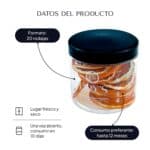 Datos de naranja deshidratada: 20 rodajas, consumo preferente hasta 12 meses, lugar fresco y seco y 10 días una vez abierto