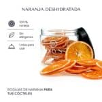 Naranja deshidratada: 100 % naranja, sin alérgenos y lista para usar; tarro abierto con rodajas