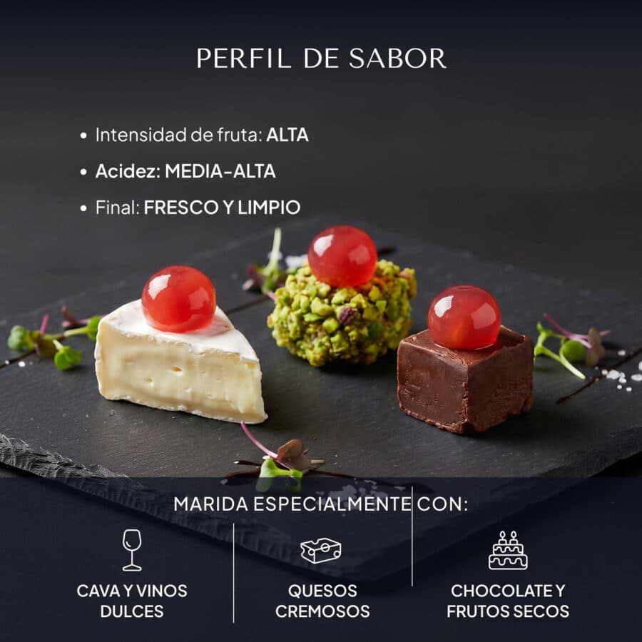 Tres bocados de maridaje para esferificaciones de frambuesa: brie, crujiente de pistacho y chocolate negro