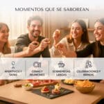 Grupo de amigos alrededor de una mesa compartiendo Pearls de oliva verde con una tabla de aperitivos