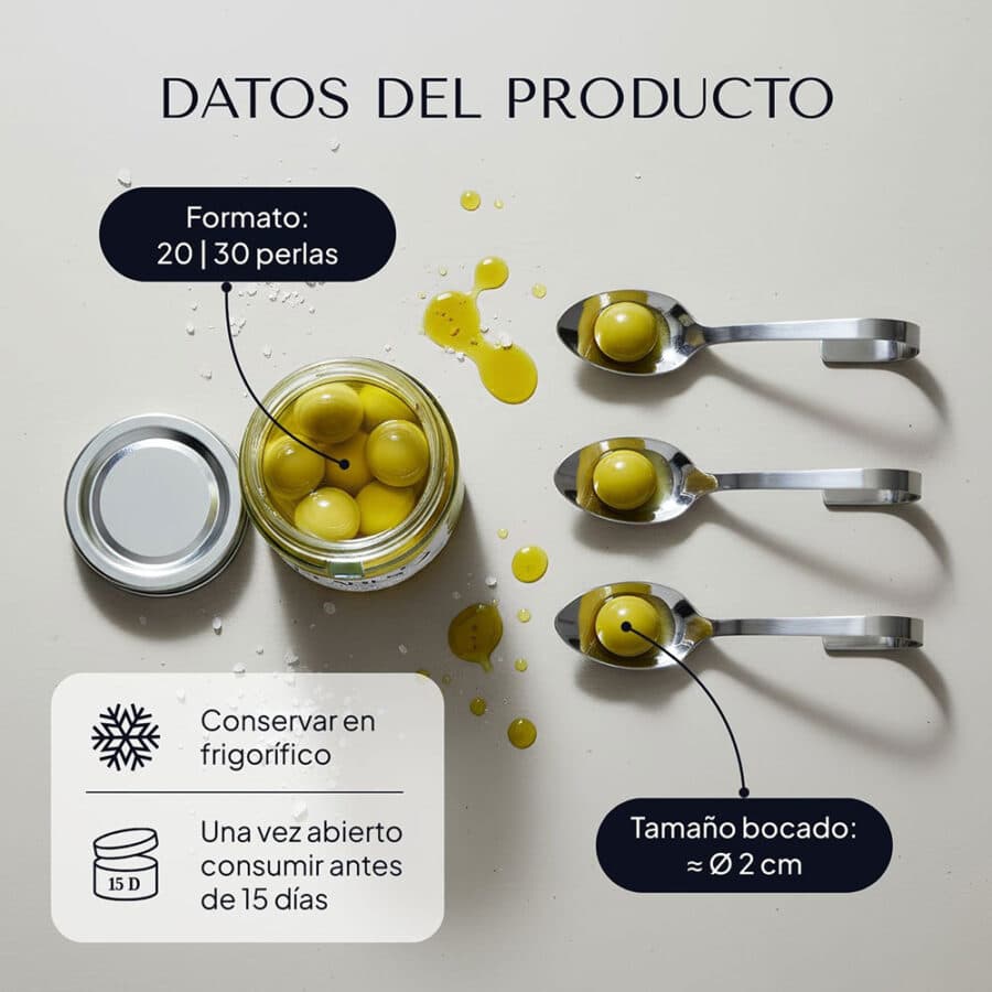 Datos del producto: esferificaciones de oliva verde, formatos, tamaño bocado y conservación