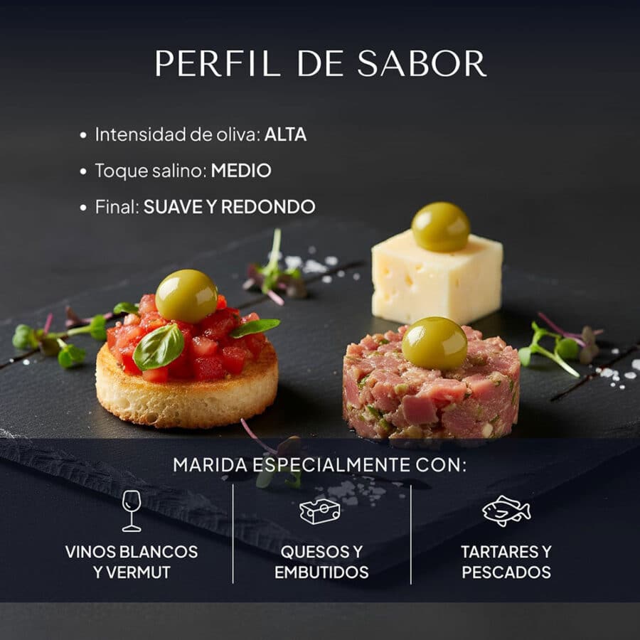 Perfil de sabor y maridaje de las esferificaciones de oliva verde sobre pizarra