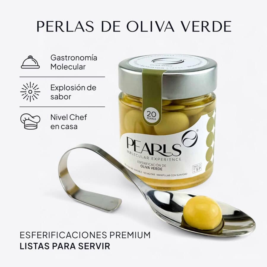 Perlas de oliva verde premium listas para servir de Pearls Molecular Experience