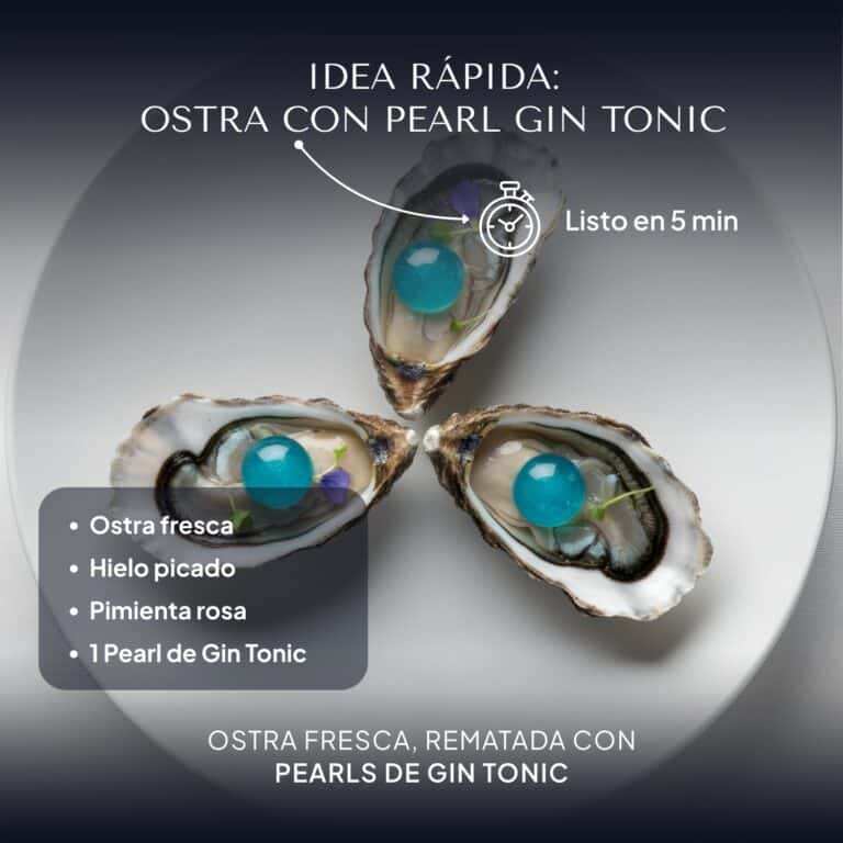 Ostras frescas sobre hielo picado coronadas con Pearls de Gin Tonic