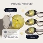 Frasco abierto de Pearls de Limoncello visto desde arriba y tres cucharillas con una Pearl cada una