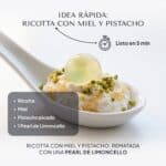 Cuchara de porcelana con ricotta, miel y pistacho coronada con una Pearl de Limoncello