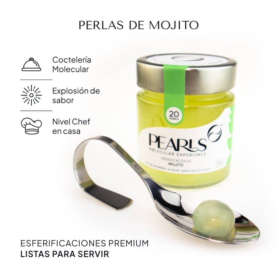 Pearls de Mojito: esferificaciones premium listas para servir, frasco de 20 con la cucharilla de servicio