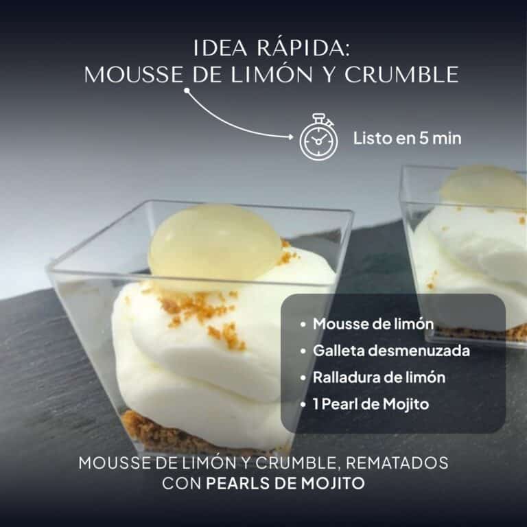 Vasito de mousse de limón y crumble de galleta coronado con una Pearl de Mojito