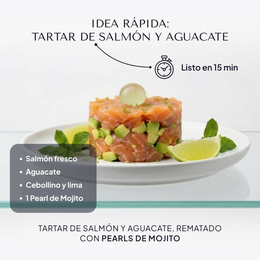 Tartar de salmón y aguacate con lima, coronado con una Pearl de Mojito