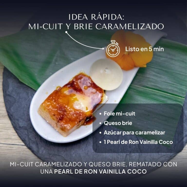 Cuchara de porcelana con mi-cuit y brie caramelizado, rematada con una Pearl de Ron Vainilla Coco