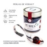 Pearls de Vermut Reserva: esferificaciones premium listas para servir, frasco de 20 visto un poco desde arriba