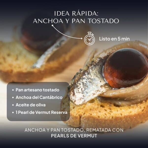 Tostas de anchoa del Cantábrico coronadas con Pearls de Vermut Reserva
