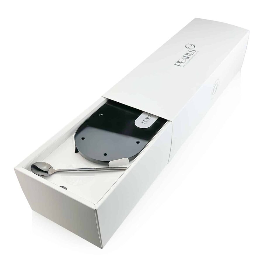 Caja regalo Pearls personalizada, estuche blanco abierto con cucharilla