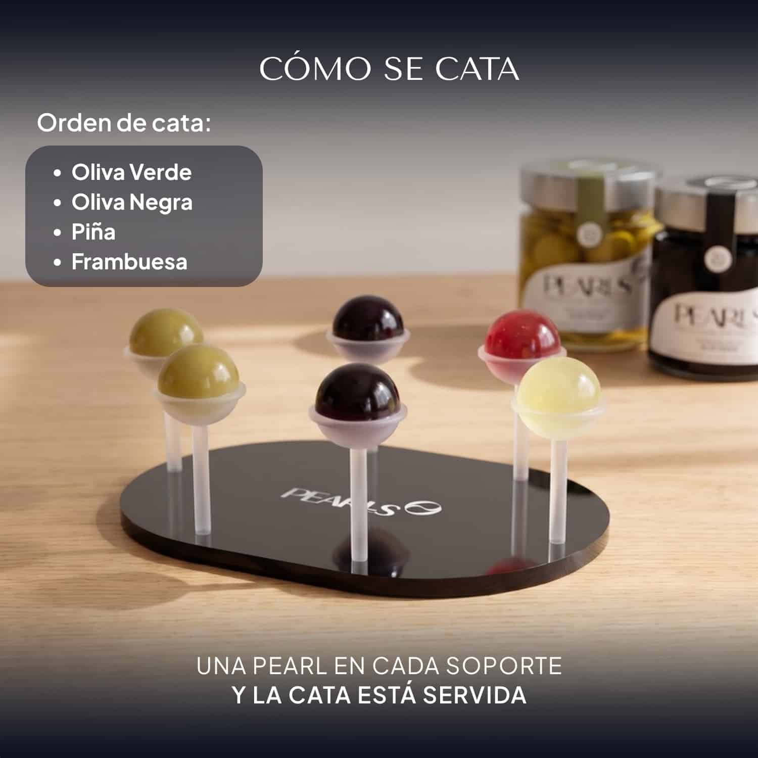 Bandeja del Tasting Pack Gourmet montada con Pearls de Oliva Verde, Oliva Negra, Piña y Frambuesa, lista para la cata
