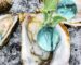 Ostra abierta sobre hielo picado con una Pearl de Gin Tonic y una hoja de salvia