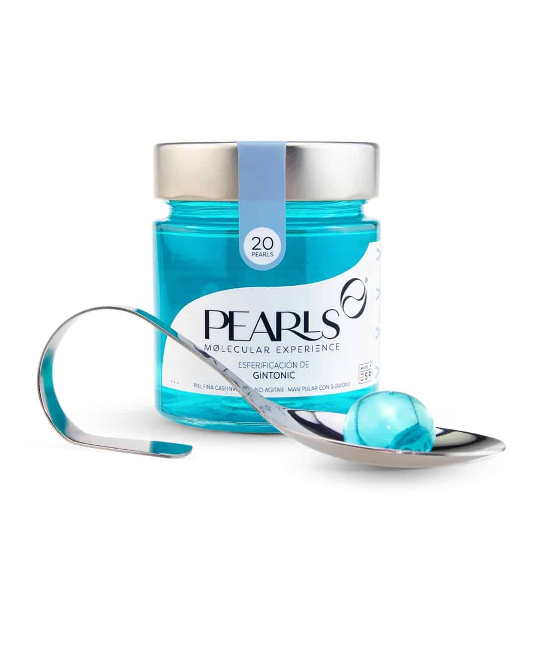 Pearls de Gin Tonic, frasco con cucharilla, coctelería molecular
