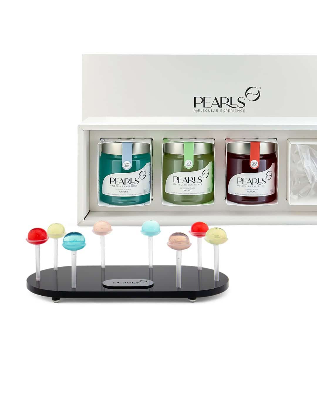Caja regalo Pearls con tres frascos y bandeja con soportes