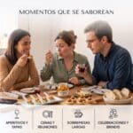 Tres amigos en una mesa de madera con Pearls de gazpacho sobre cucharitas de pepino y jamón y tartaletas de anchoa