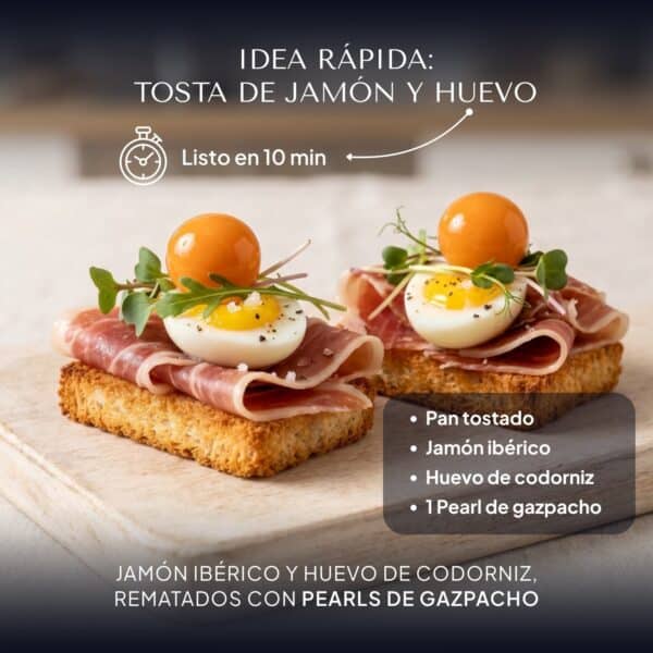 Tostas de jamón ibérico y huevo de codorniz coronadas con Pearls de gazpacho