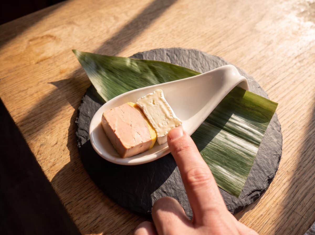 Pearls de Ron Vainilla Coco, paso 1: un taco de foie mi-cuit y uno de brie juntos en la cuchara