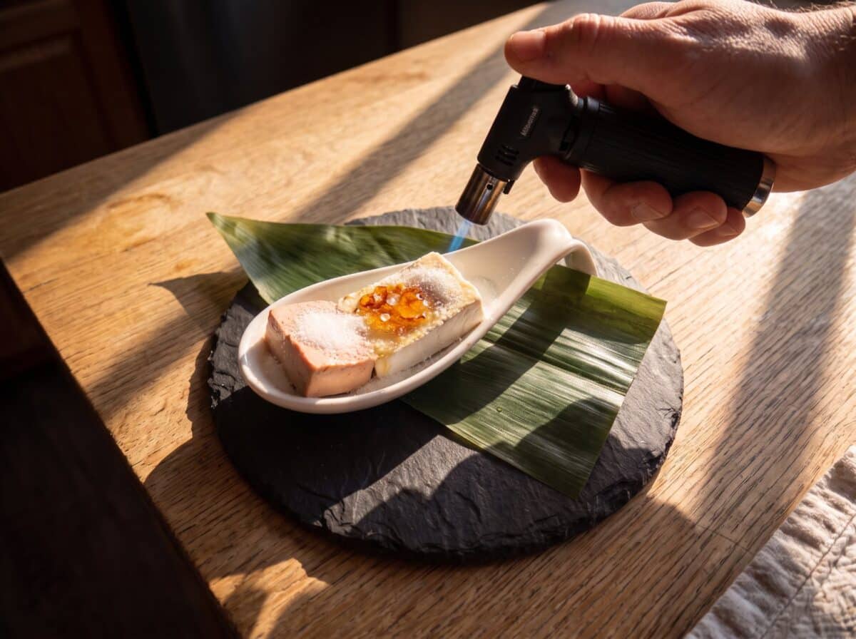 Pearls de Ron Vainilla Coco, paso 2: el soplete carameliza el azúcar sobre el foie y el brie