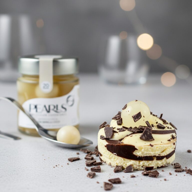 Pearls Ron Vainilla Coco, mousse de vainilla con rocas de chocolate y una Pearl encima
