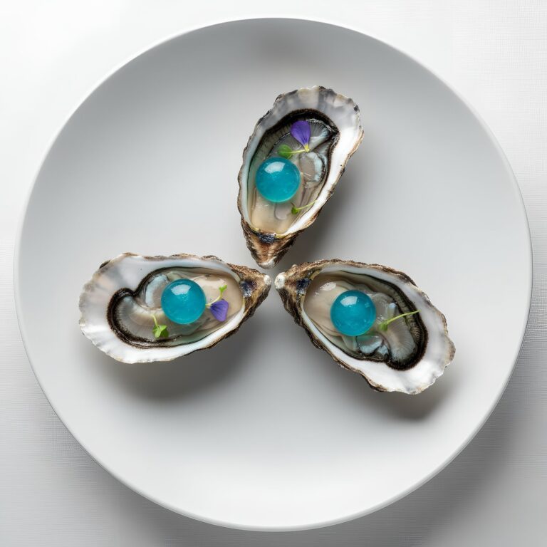 Pearls de Gin Tonic, tres ostras en plato blanco con una Pearl azul sobre cada una