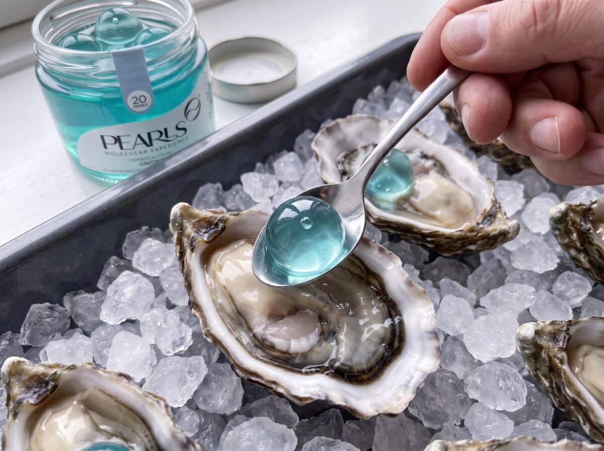 Dejando con una cucharilla la Pearl de Gin Tonic sobre la parte carnosa de la ostra