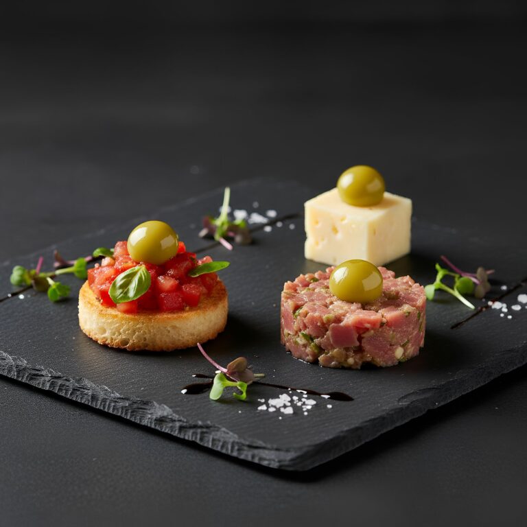 Pearls de Oliva Verde, tartar de atún con tosta de tomate, queso y una Pearl