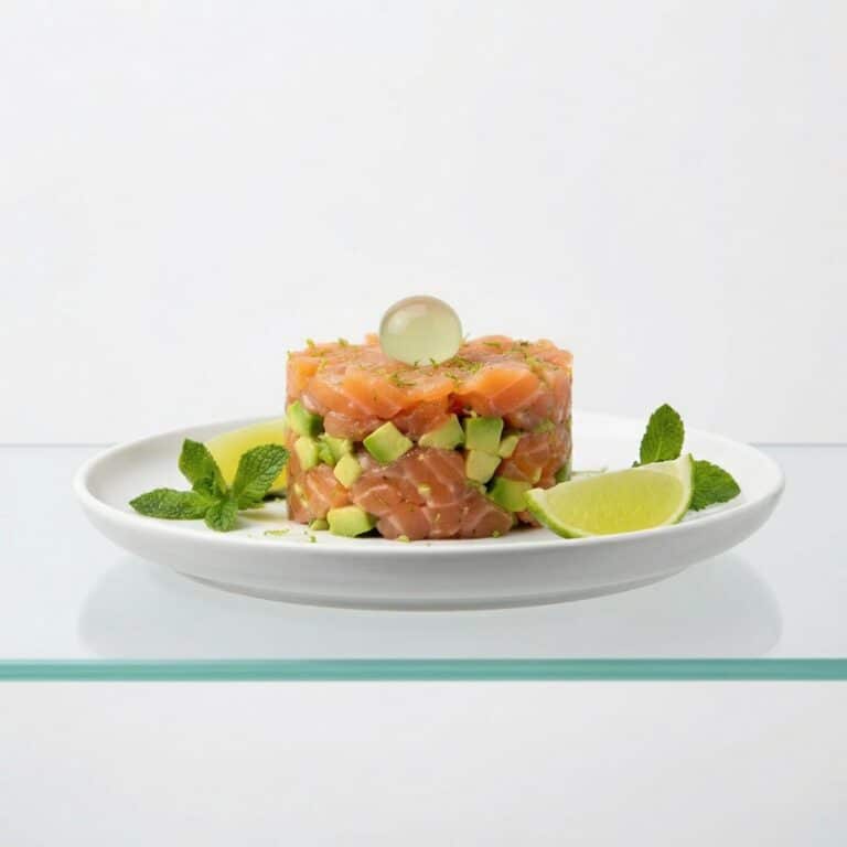 Pearls de Mojito, tartar de salmón y aguacate con lima, menta y una Pearl coronando
