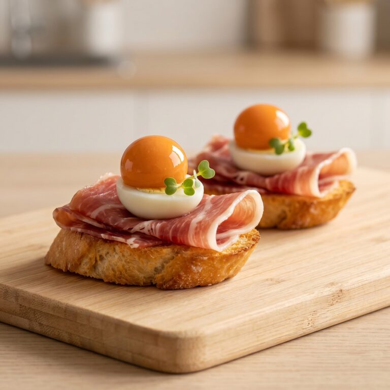 Pearls de Gazpacho, tosta de jamón ibérico con huevo de codorniz y una Pearl encima