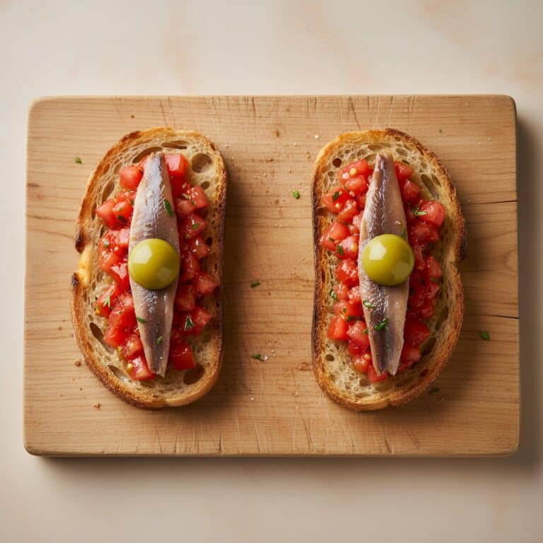 Pearls de Oliva Verde, tosta con tomate picado, anchoa y una Pearl encima
