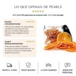 Opiniones de clientes sobre la lima y la naranja deshidratadas, 4,9 / 5 en 145 opiniones en nuestra web y 4,7 / 5 en Google, junto a un tarro de naranja deshidratada