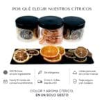 Tres tarros de limón, naranja y lima deshidratados con rodajas sobre una pizarra: 100 % fruta, sin alérgenos, listas para usar y hasta 12 meses de consumo preferente