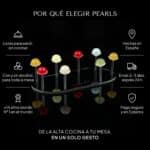 Por qué elegir Pearls: listas para servir, con y sin alcohol, más de 14 años Nº 1 en el mundo, hechas en España, envío en 2–3 días y pago seguro, alrededor de una bandeja con ocho Pearls